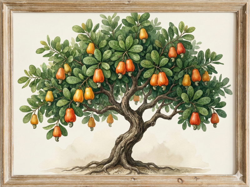 Quadro com ilustração de um cajueiro farto de frutos — símbolo da Cajueiro.tech