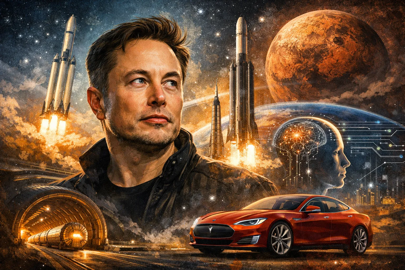 Ilustração artística de Elon Musk com foguetes SpaceX, Tesla, Marte e inteligência artificial ao fundo
