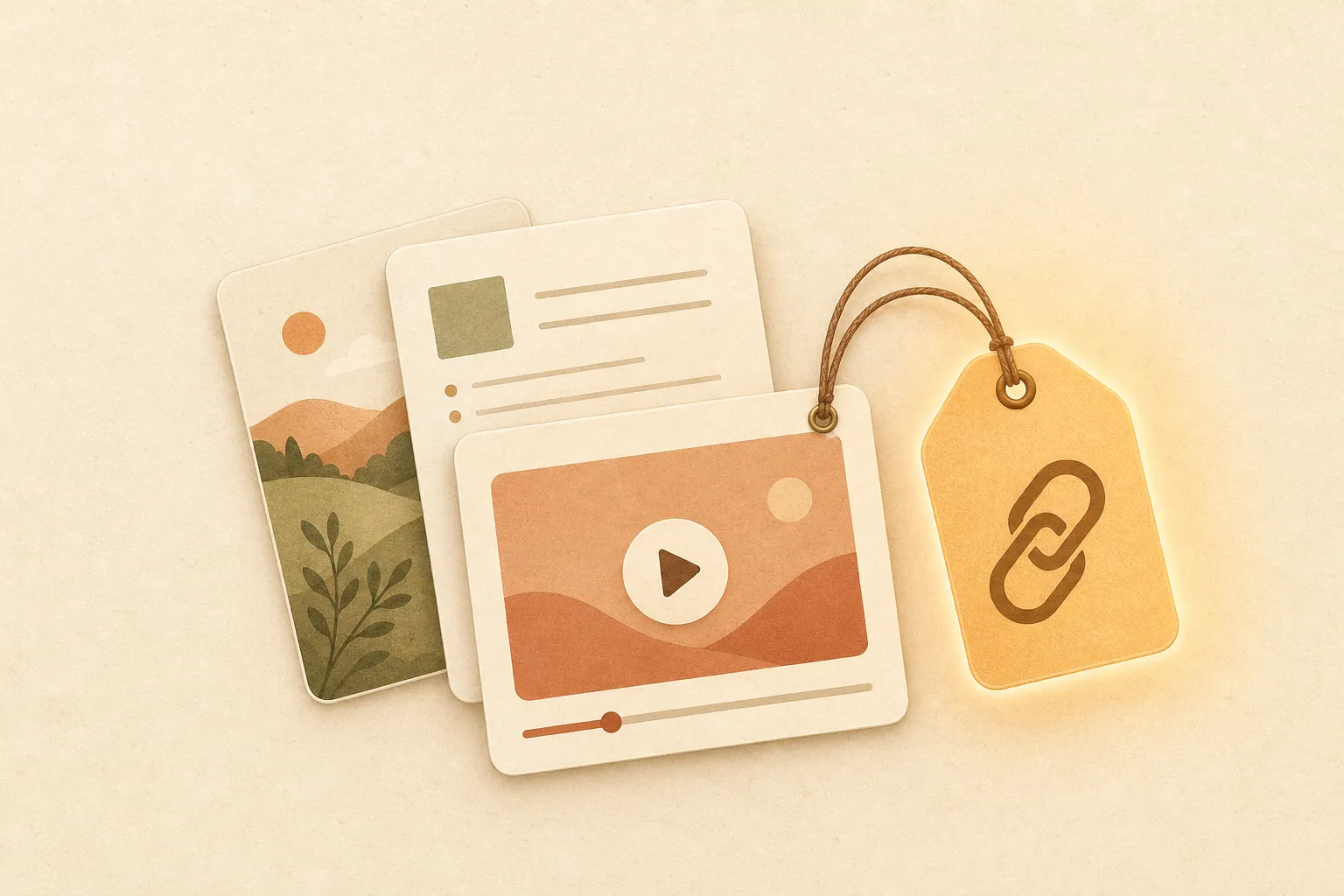 A small stack of asset cards — a photo, a document, a video — with a glowing link tag hanging from it