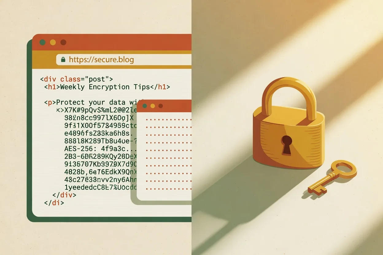 Browser window showing HTML source that dissolves into encrypted ciphertext, next to a padlock and key