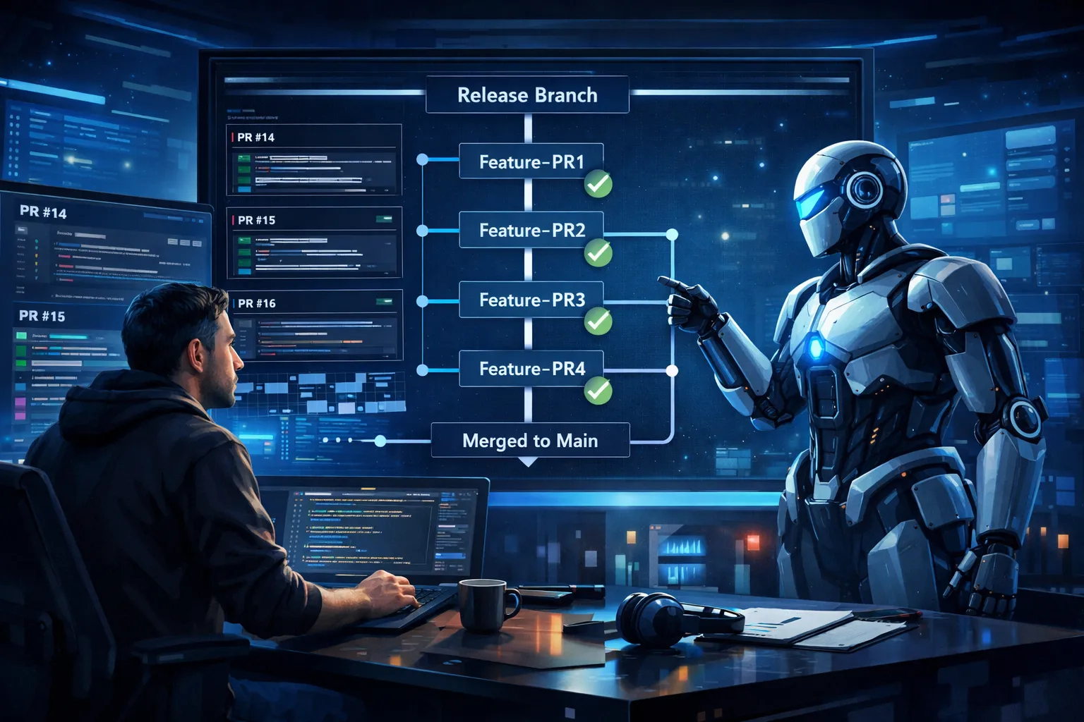 Desenvolvedor e robô IA analisando fluxo de release branch com PRs sequenciais