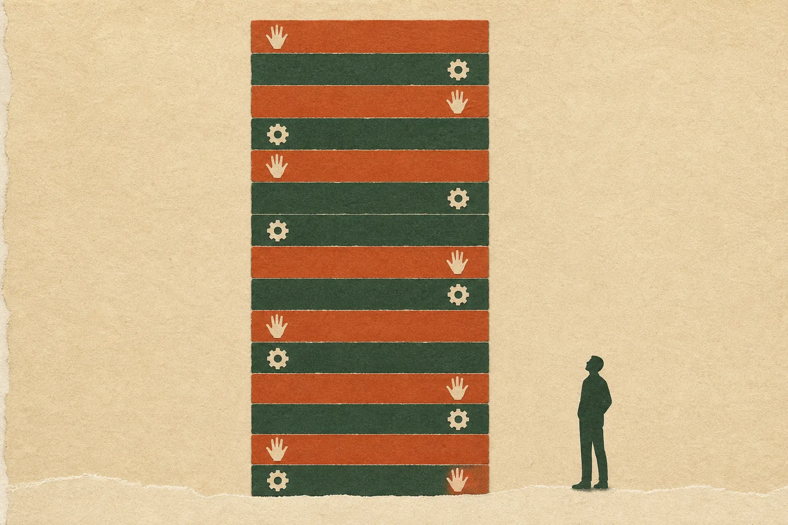 A tall stack built of interleaved layers, some marked with a hand and some with a gear, fitting together seamlessly, with one person standing beside it looking up