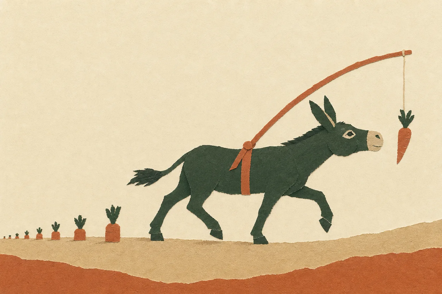 A donkey striding forward with a carrot dangling from a stick harnessed to its own back, always out of reach — and behind it a receding trail of carrots it already reached, every one left uneaten