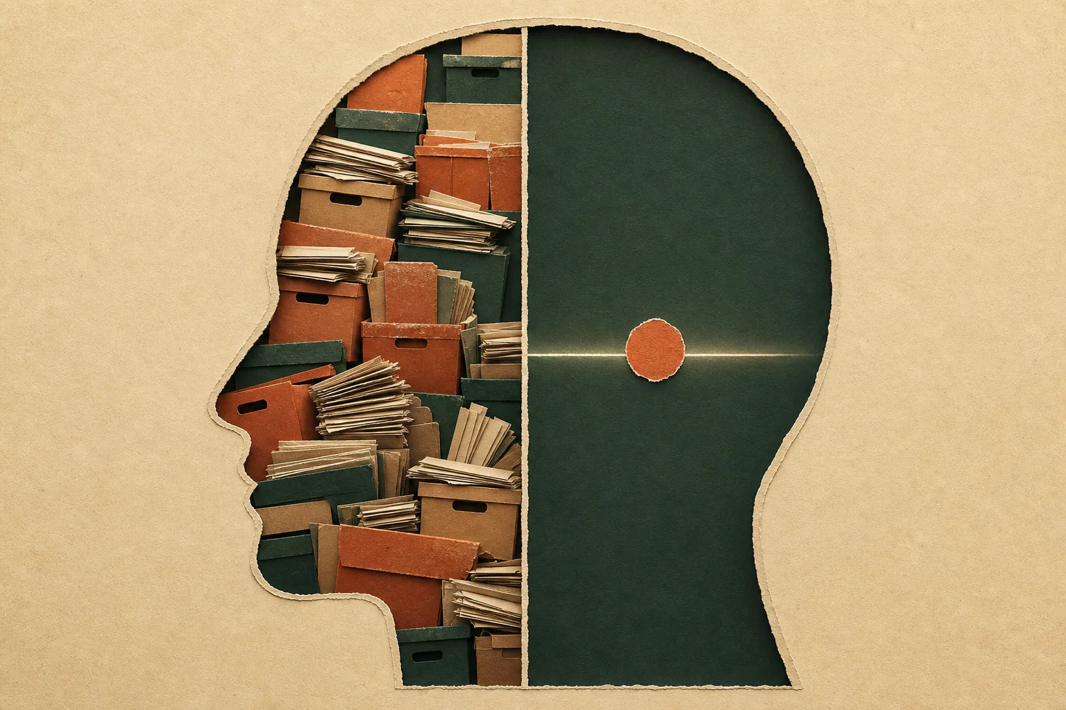 A head in cross section: one half packed floor to ceiling with boxes and files, the other half open and empty except for one small shape