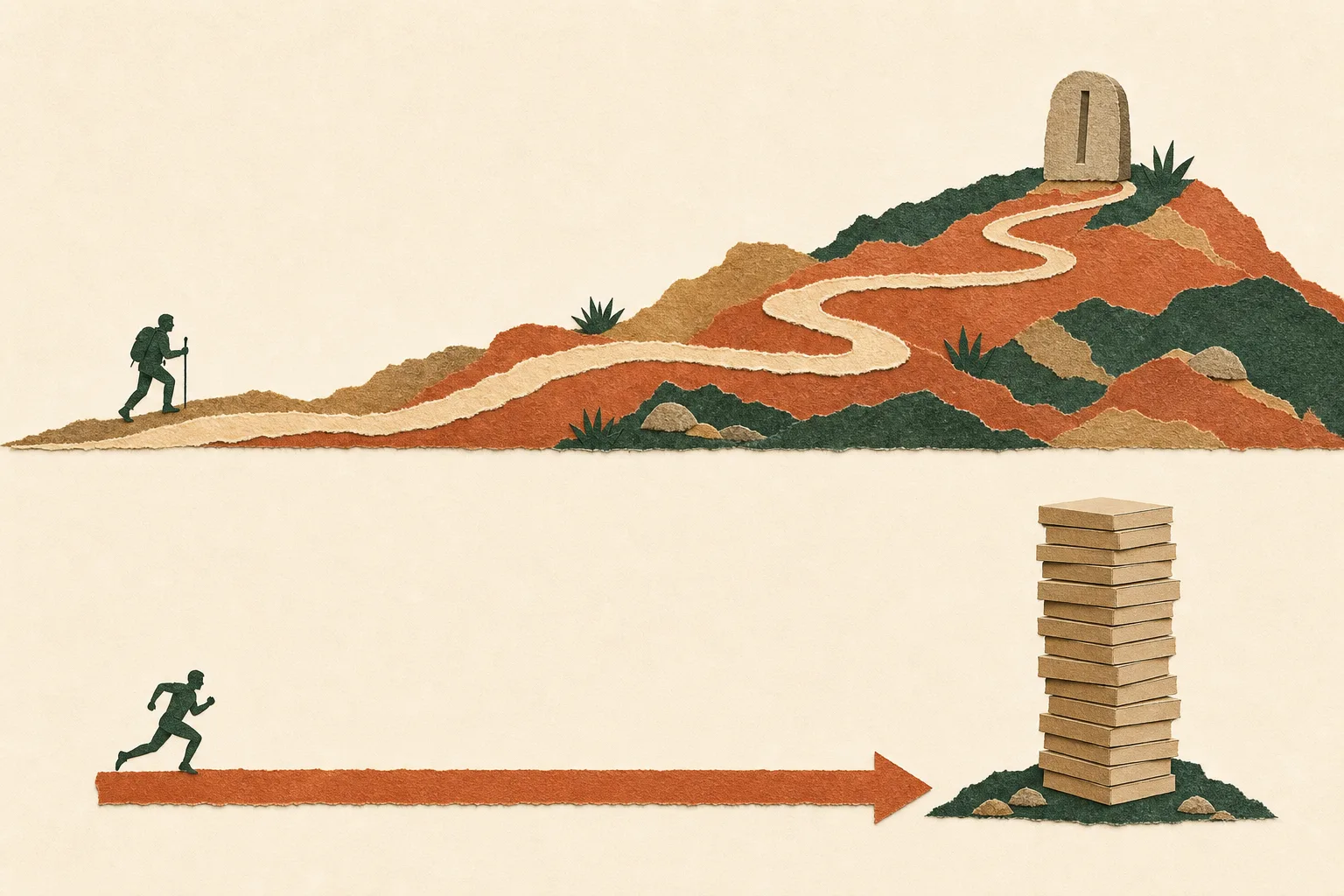 Above: a long winding uphill trail ending at a single stone marker worn with a deep groove. Below: a short straight arrow ending at a tall stack of identical unmarked boxes