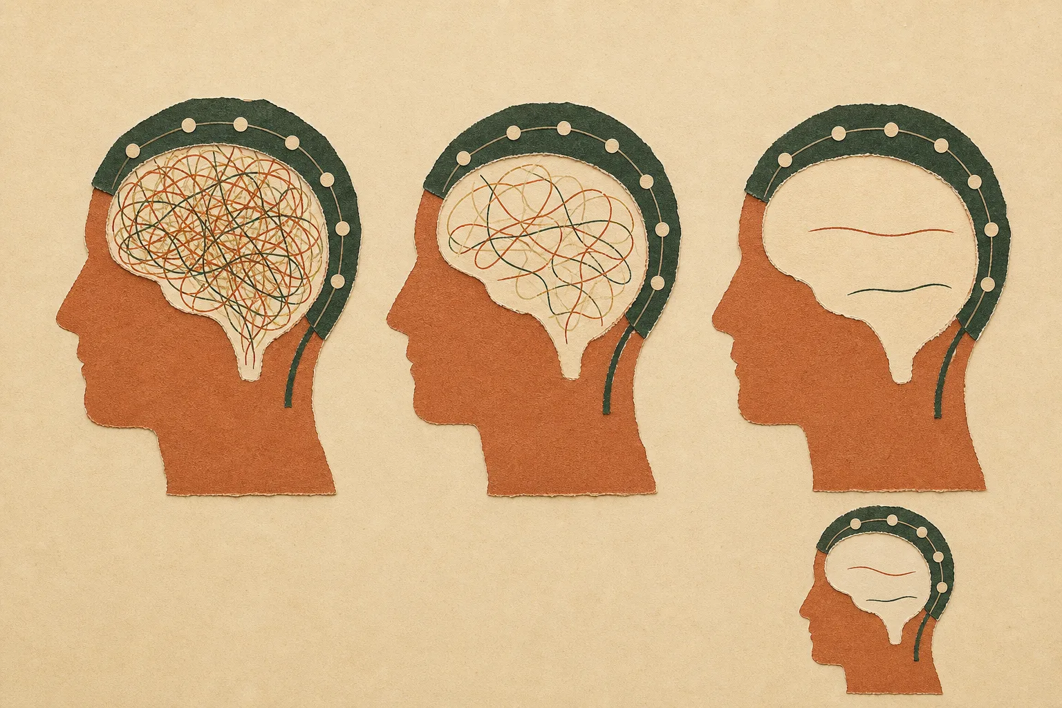 Three heads wearing sensor caps: the first full of dense crossing lines, the second moderately busy, the third nearly empty — and the third repeated smaller below, still empty