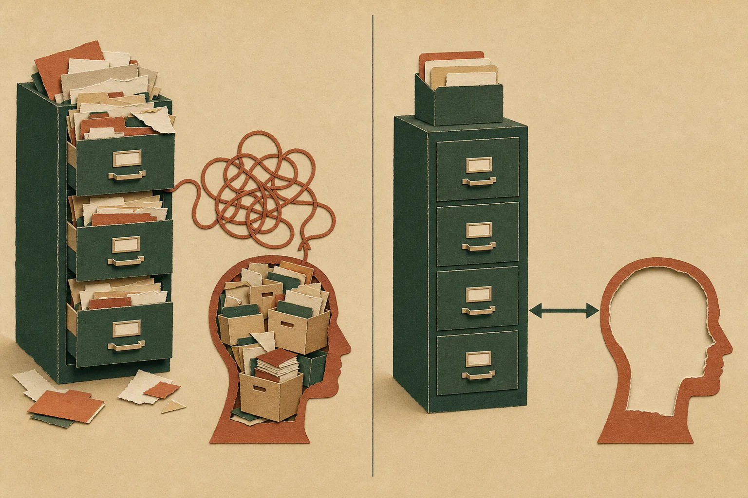 Left: an overflowing filing cabinet, a tangled line going nowhere, and a head crammed full of boxes. Right: an orderly cabinet linked to a nearly empty head by one clean two-way arrow