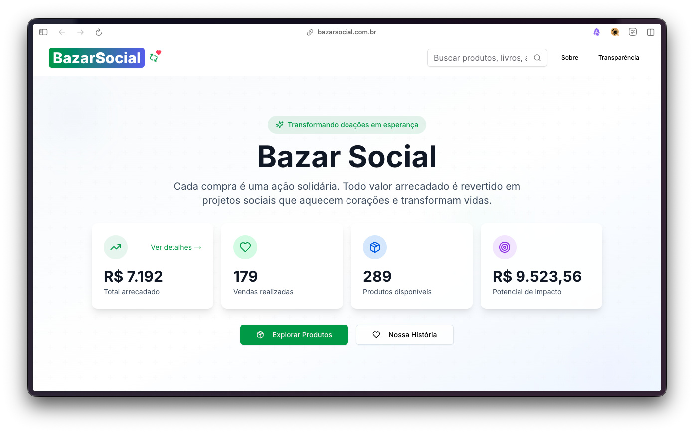 Homepage do Bazar Social mostrando produtos disponíveis e métricas de impacto