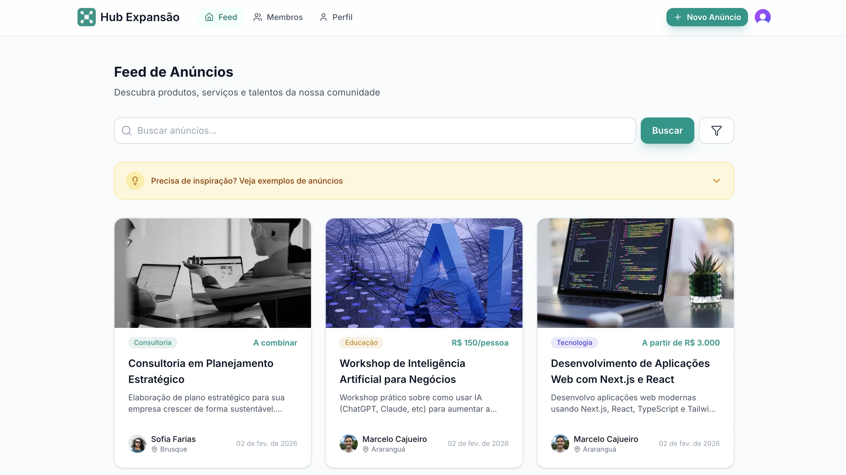 Feed de anúncios do Hub Expansão com cards de serviços e produtos da comunidade