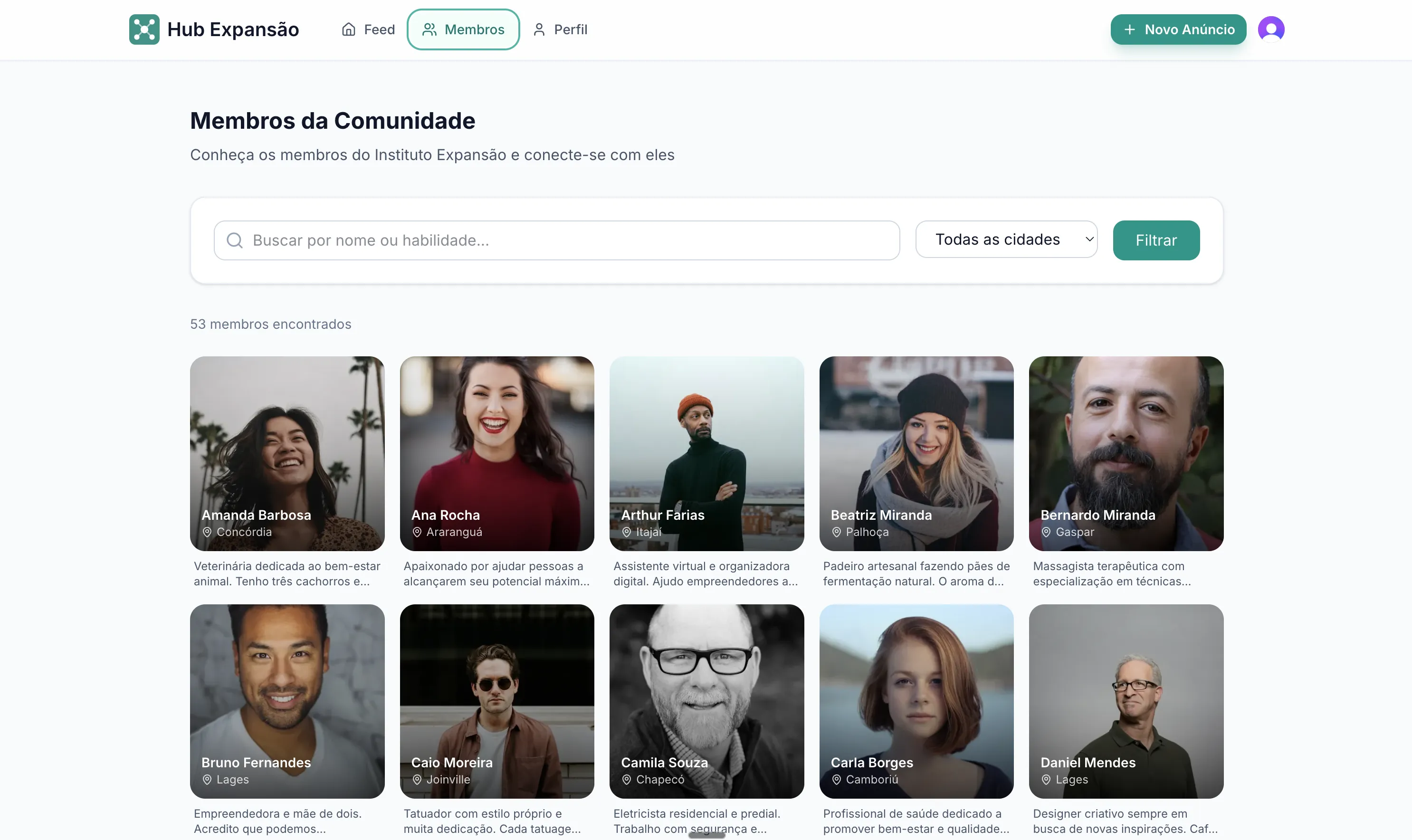 Página de membros da comunidade com fotos, cidades e habilidades